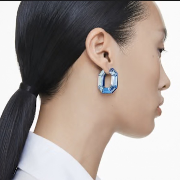 Swarovski Blue Lucent Octagon Hoop Earrings - Picture 7 of 15